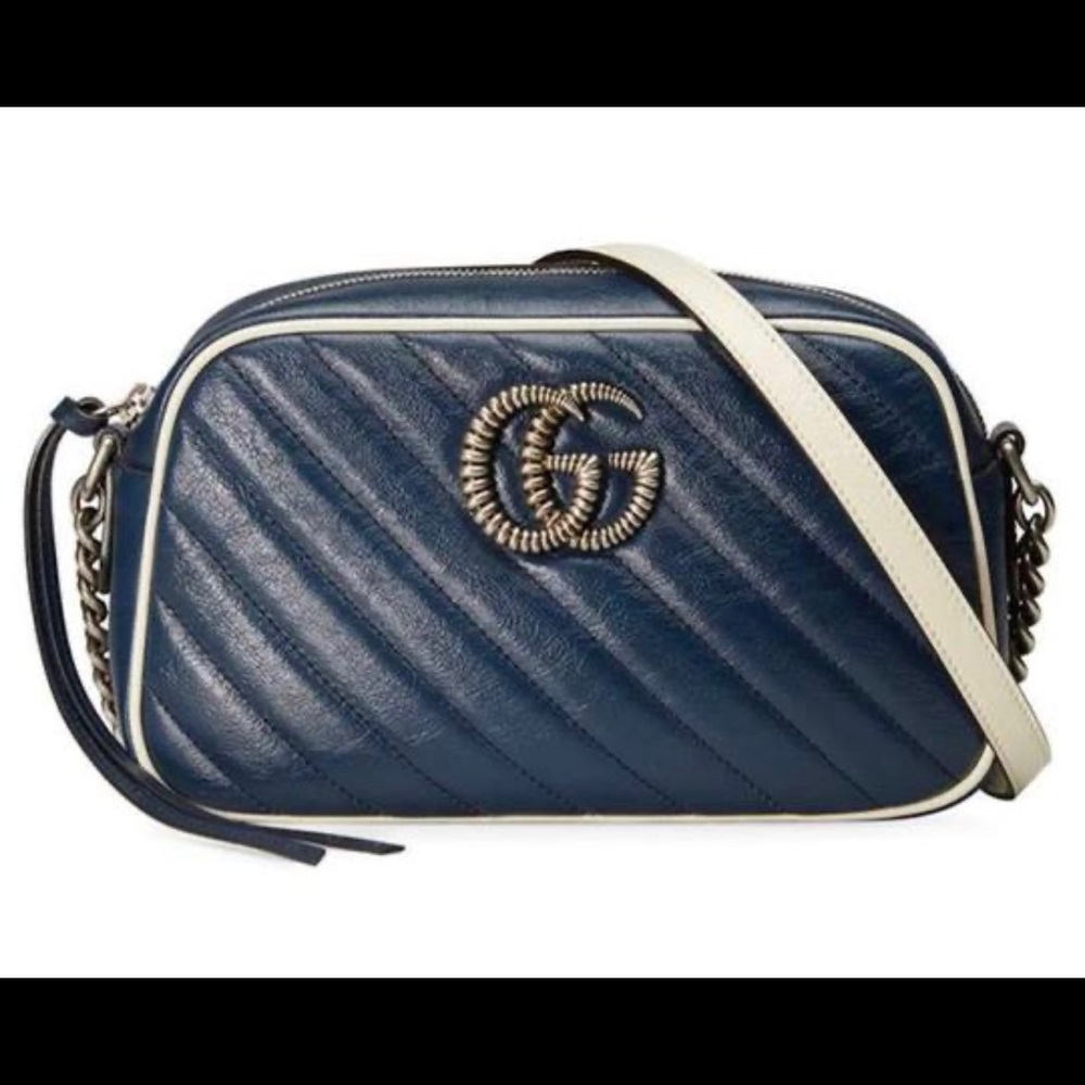 Gucci GG Marmont New Camera Purse Navy Blue Leather Cross Body Bag